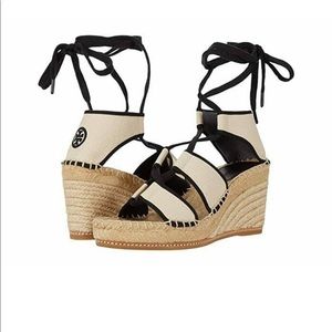 Tory Burch cream and black espadrille sandal with ankle wrap tie